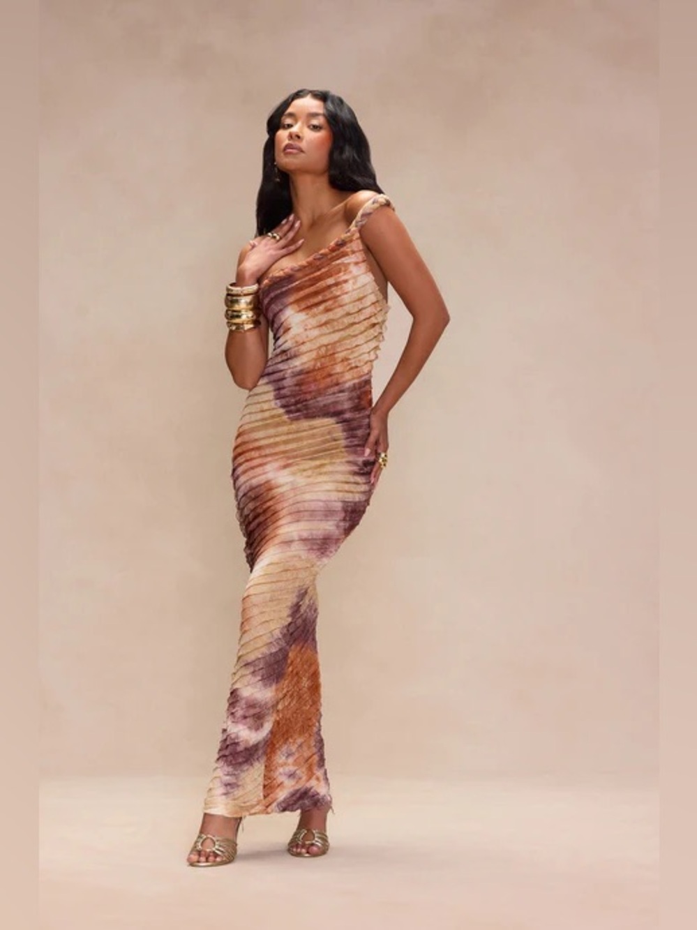 Fashion Nova One-Shoulder Tie-Dye Ribbed Maxi Dress in Brown and Cream - Picture 4 of 9